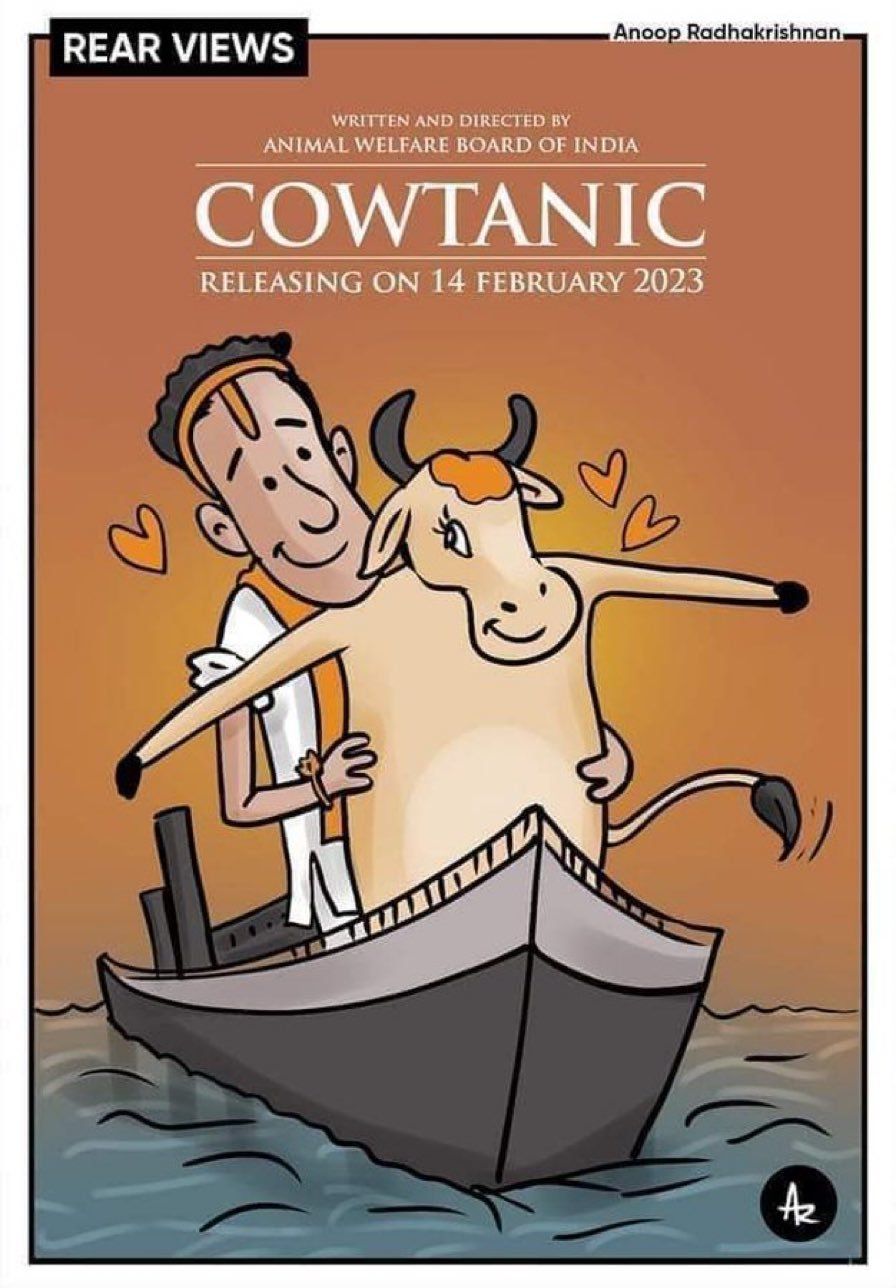 網友KUSO《鐵達尼號》（Titanic）中的經典畫面，改為人們擁抱牛隻的「Cowtanic」。（推特@isai_）