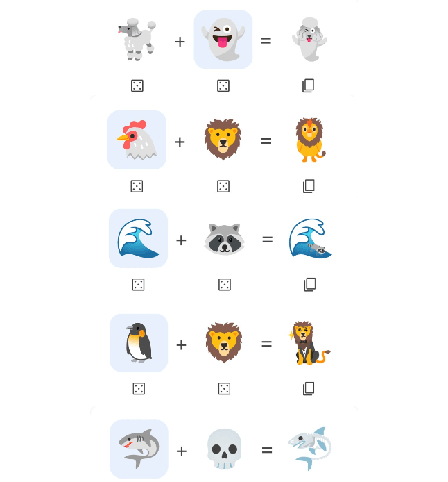 使用Emoji Kitchen，可任選兩個原有的表情符號，混搭成新的符號。（截自Emoji Kitchen畫面）