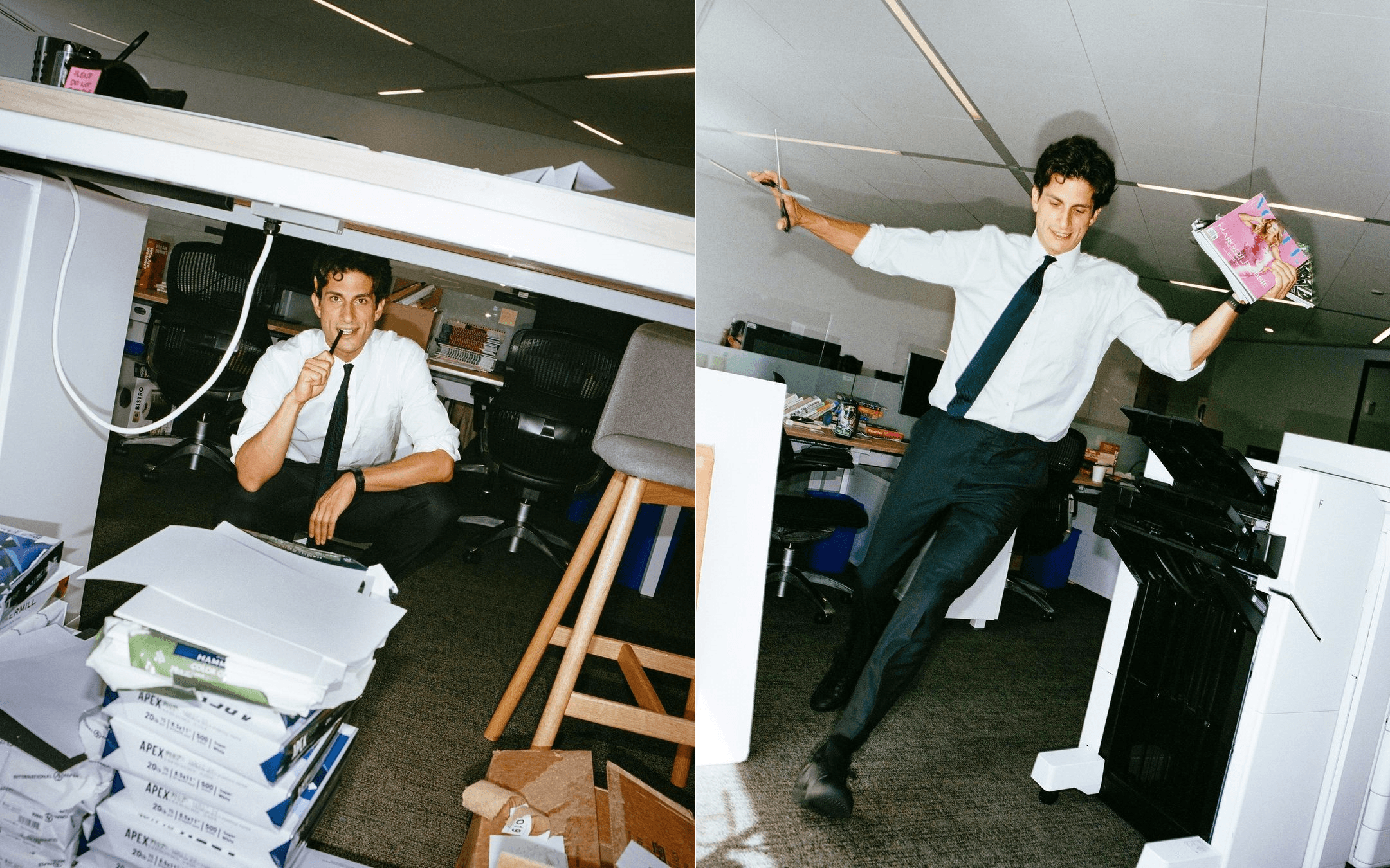 《Vogue》為傑克施洛斯堡拍攝一系列非典型辦公照。（翻攝自IG@voguemagazine）