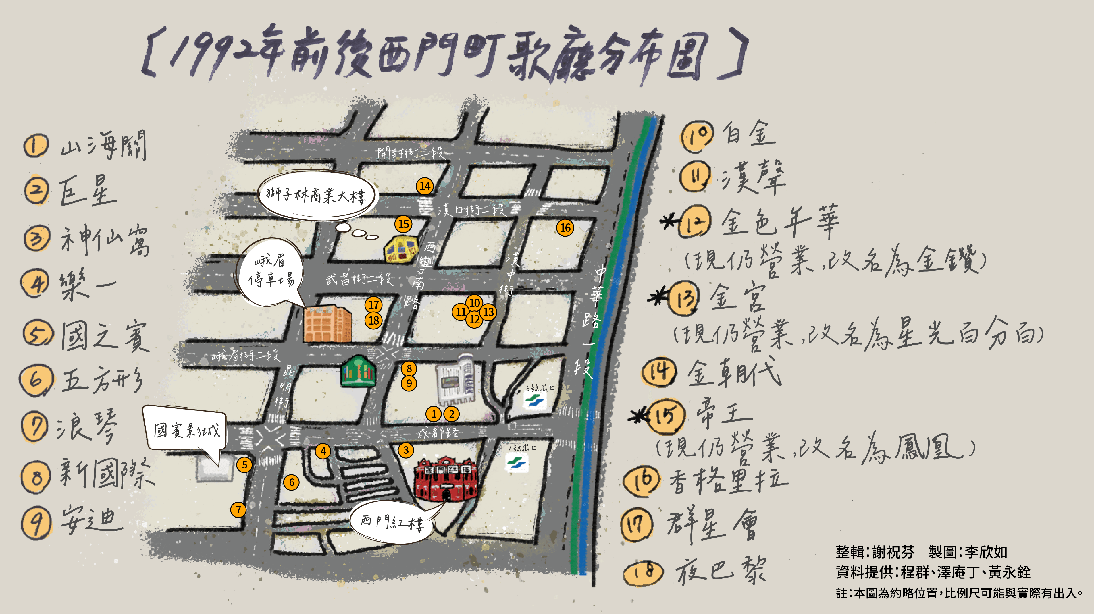 1992年前後西門町歌廳分布圖。