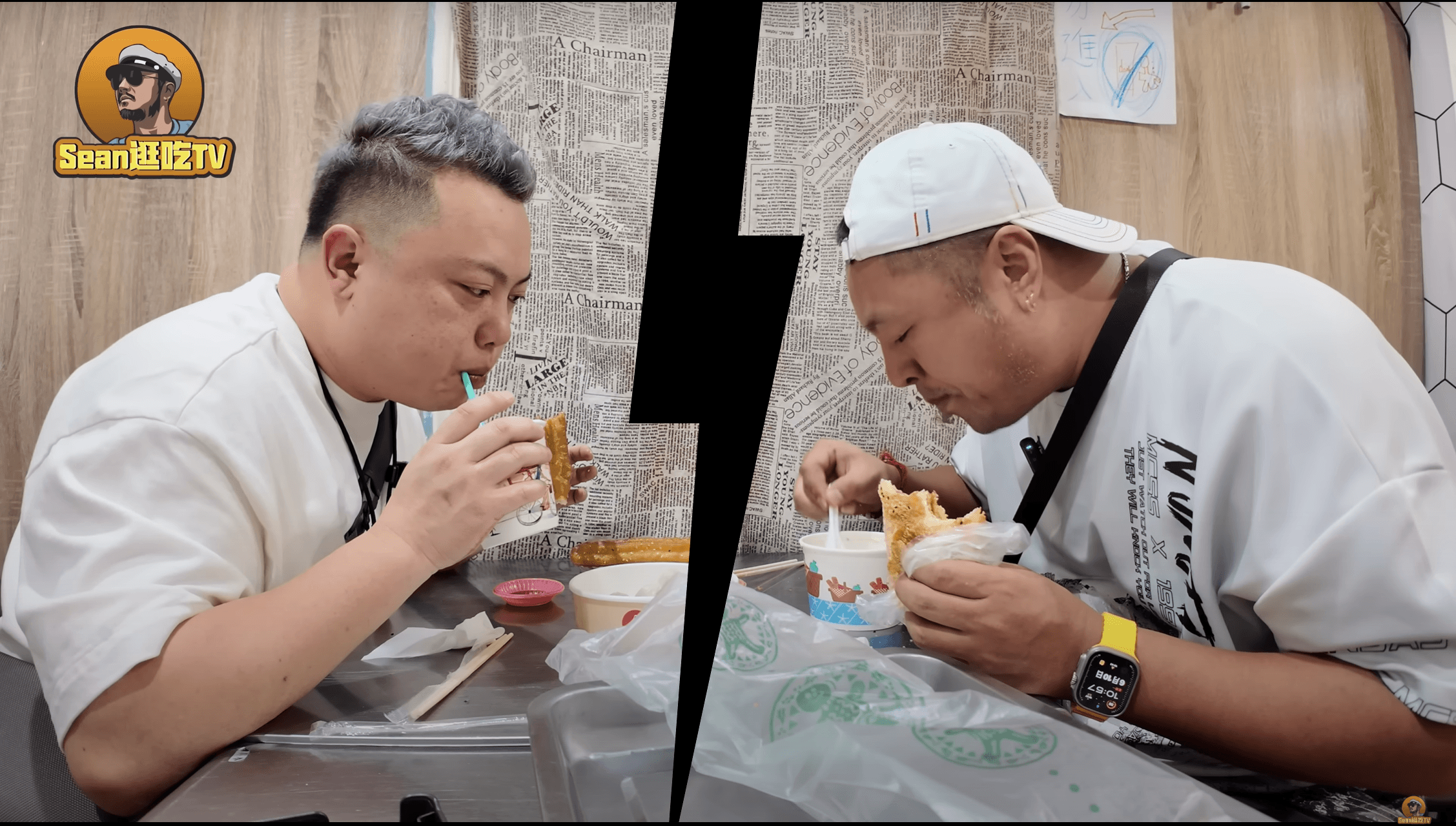 陳老師（左）與肖恩上個月隔空開撕，互指「愛台」只是人設。（翻攝自Sean逛吃TV）