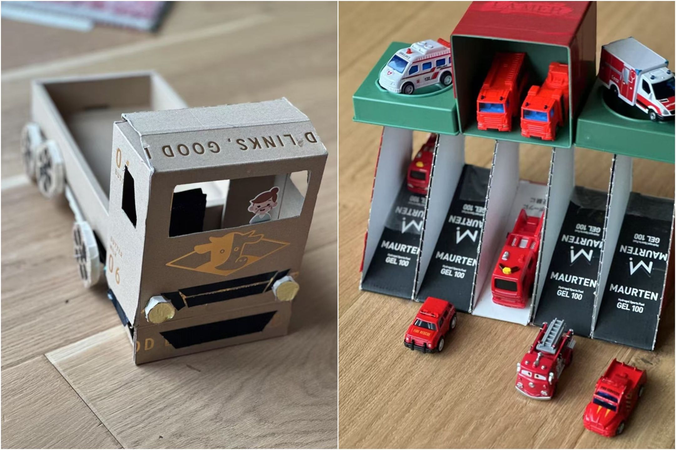 林志玲表示兒子想要貨車與跑道，於是她利用紙盒為寶貝兒子達成願望。（翻攝自林志玲臉書）