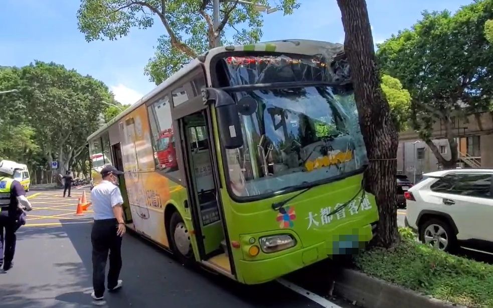 公車左側衝上分隔島。(翻攝畫面)