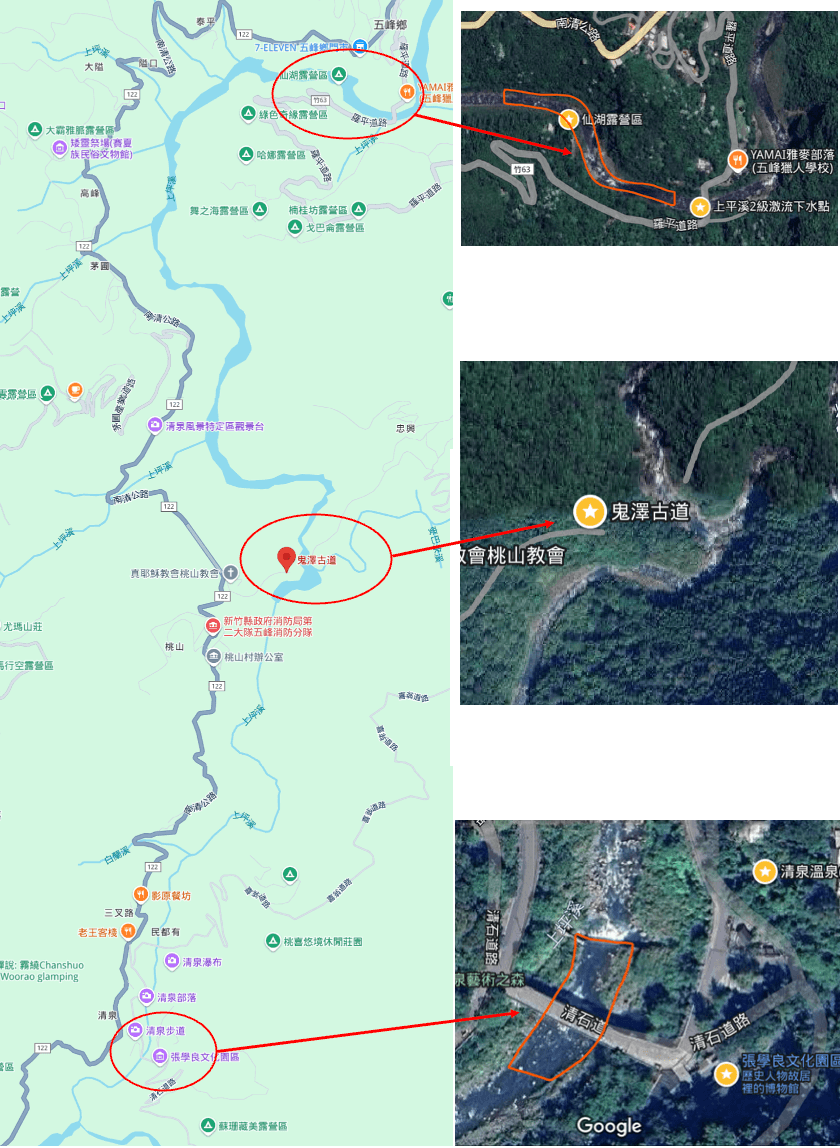 家屬於聲明中指出，廖男意外發生地點鬼澤古道（中），距離禁止範圍（上下圖）甚遠。（翻攝自上坪溪意外聲明連署）