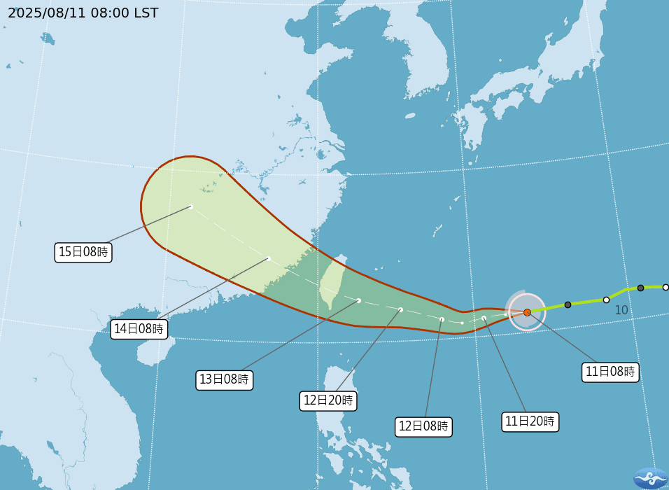 颱風「楊柳」預計直撲台灣東半部。（中央氣象署提供）