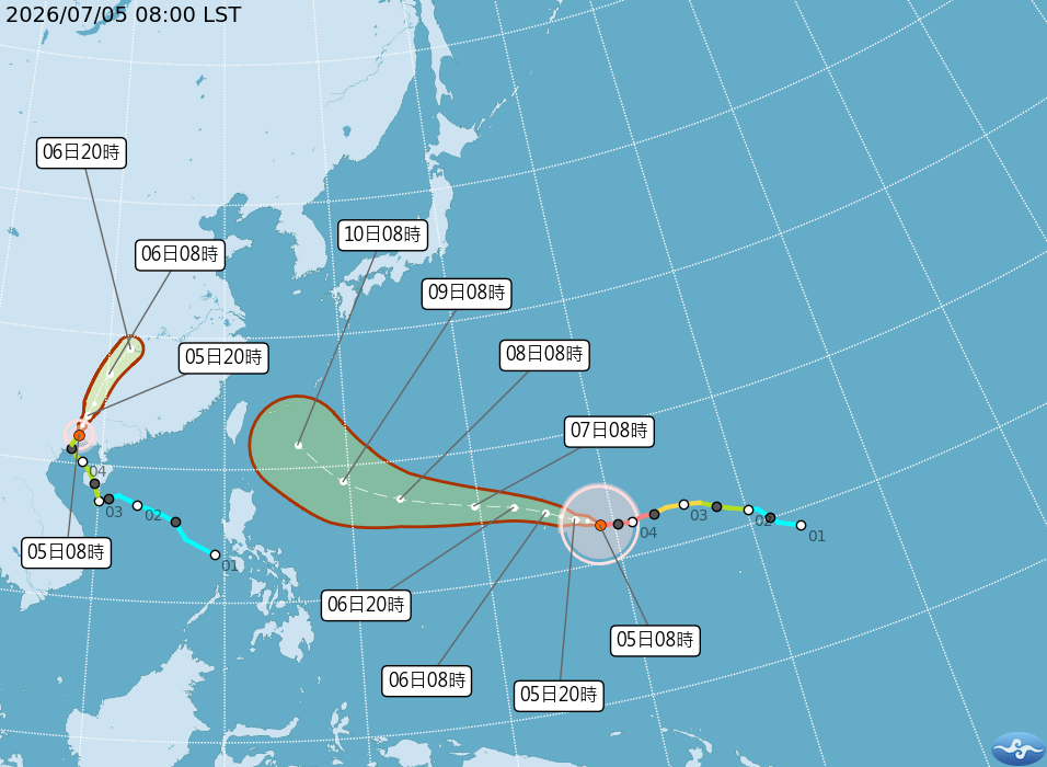 巴威5日8時的中心位置在北緯12.8度,東經148.9度,即在關島東方450公里之處,以每小時17轉22公里速度,向西北西進行,中心附近最大風速每秒55公尺。(翻攝自中央氣象署官網)