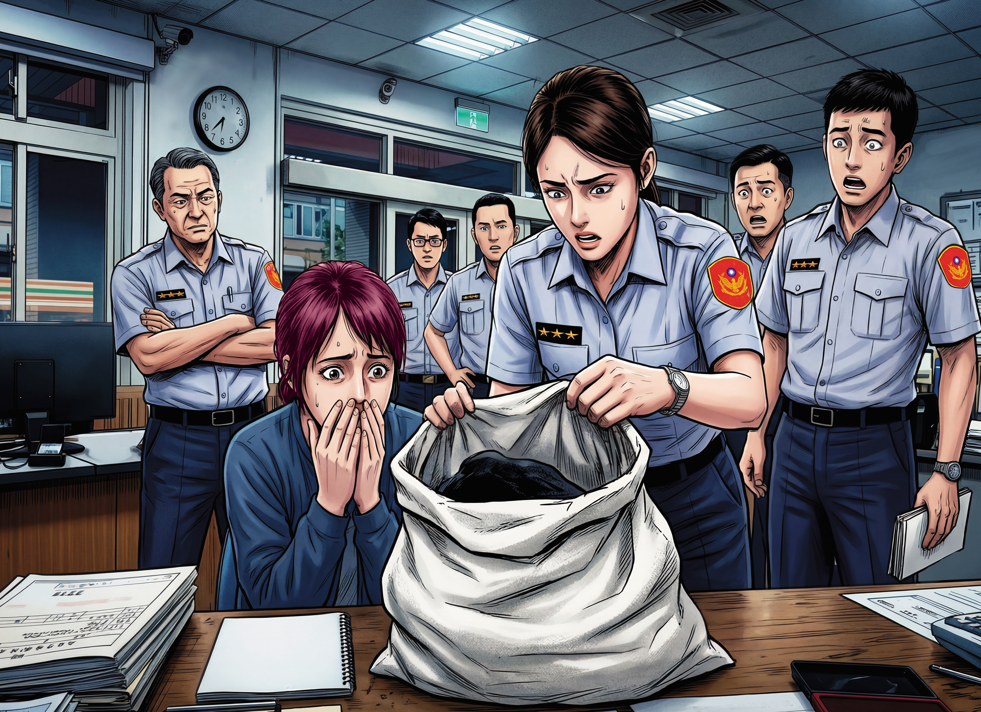 陳女把麻布袋拿到派出所,由值班女警打開袋子,發現竟是母親頭顱,才讓這起駭人分屍案曝光。(AI繪圖magnific生成,本刊美術組後製)