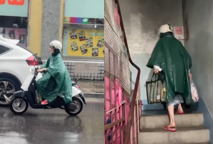 她踩紅白拖冒雨騎車奔波「身分竟是大咖天后」　克難拎大包小包爬樓梯！網讚：太親民