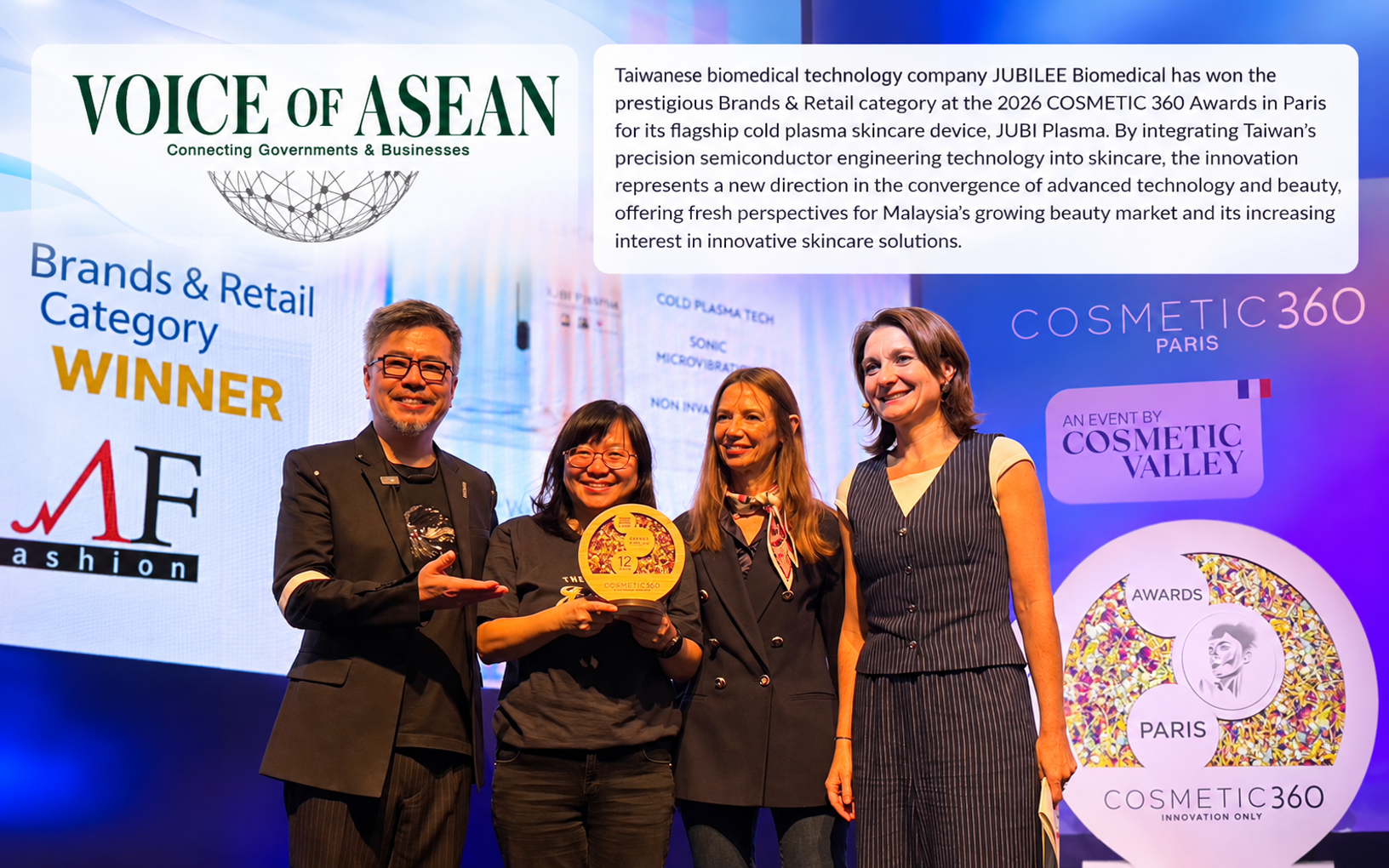 智必立生醫獲東南亞媒體《VOICE of ASEAN》報導。(右起)Franckie Béchereau, Director of COSMETIC 360、Silvia Manzoni, MF Fashion 法國/米蘭資深時尚美妝編輯、智必立生醫創辦人暨執行長 Judy Li、智必立生醫品牌大使黃國倫