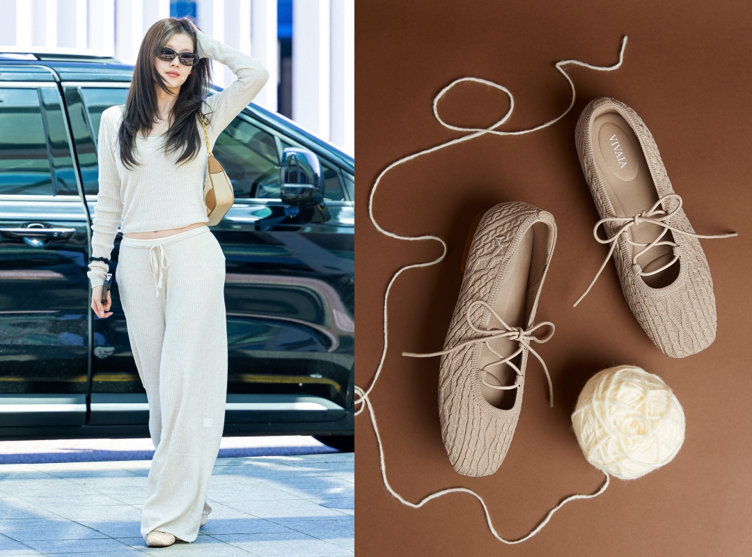 TWICE成員Sana搭機時穿著MILEY杏色編織的綁帶瑪莉珍休閒鞋。NT$4,480(VIVAIA提供)
