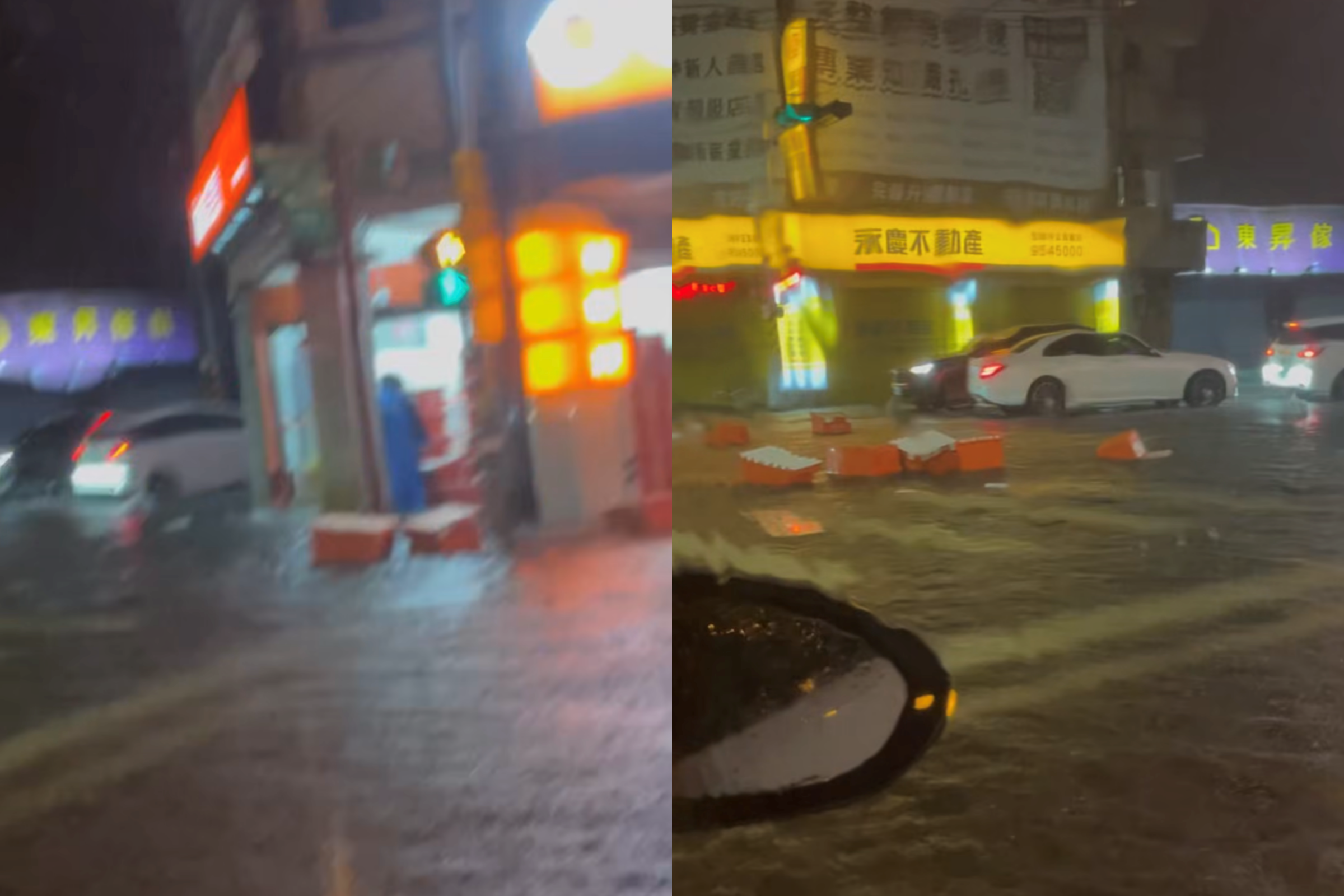 宜蘭一處蝦皮店到店門市遭洪水灌入,一箱一箱的包裹飄上大街。(翻攝threads@lzh__06)