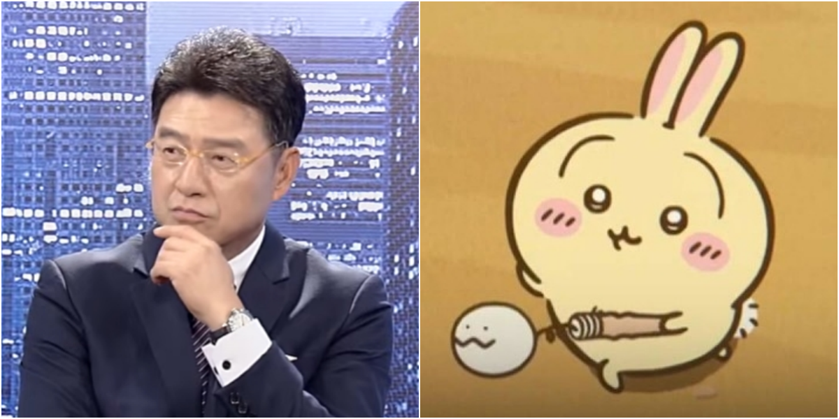 謝震武認真的表情被認為與《吉伊卡哇》的烏薩奇神似。(翻攝自新聞面對面YT、Medialink Taiwan臉書)