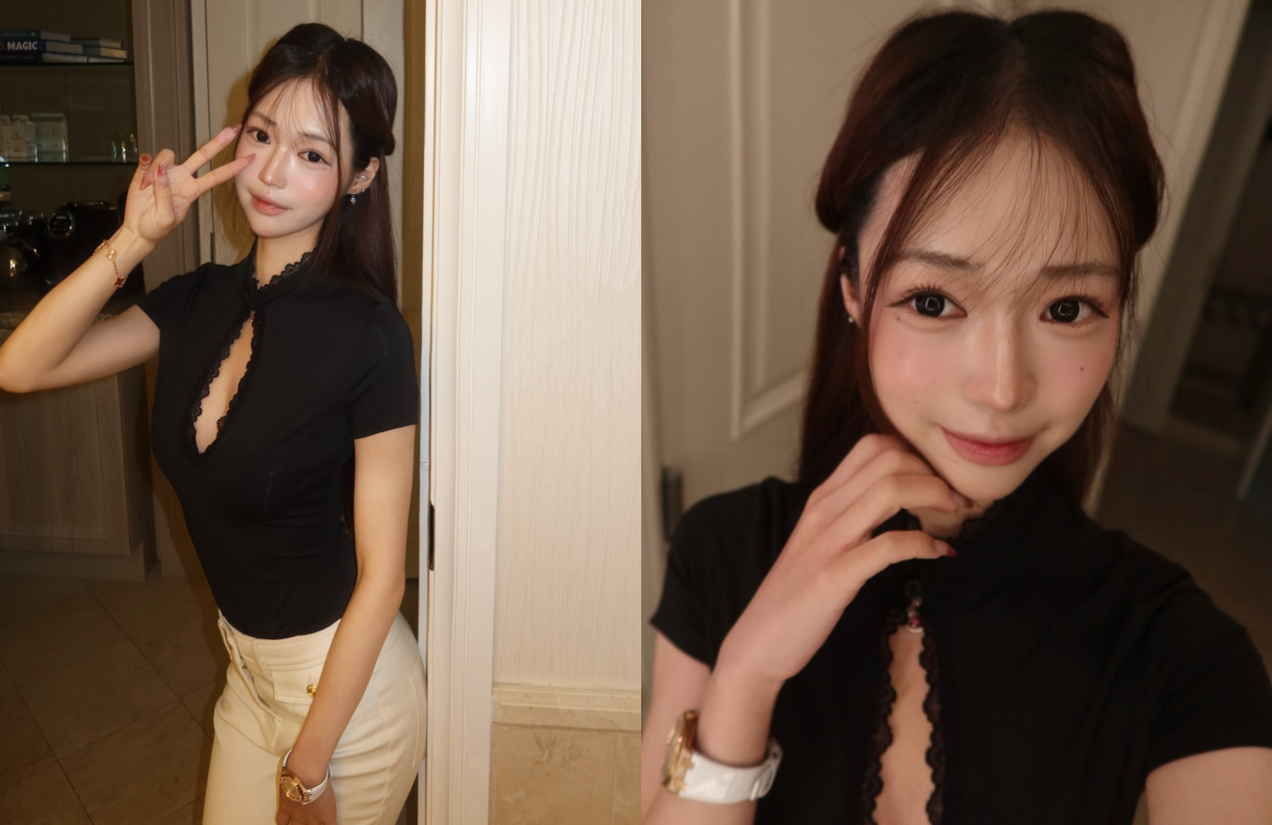 國產車廠千金Michelle慶祝21歲生日,身穿黑色旗袍風上衣,胸前大膽挖空,甜美又性感。(翻攝michelleyen__IG)
