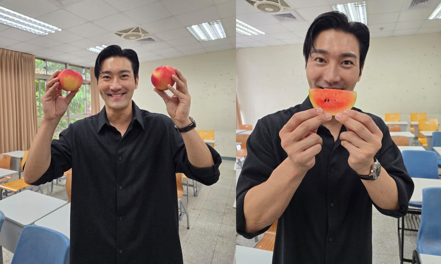 SJ 始源曬出手捧火龍果、水蜜桃、迷你西瓜等台灣水果的照片,笑喊「農會應該會聯絡我了」。(翻攝始源Threads)