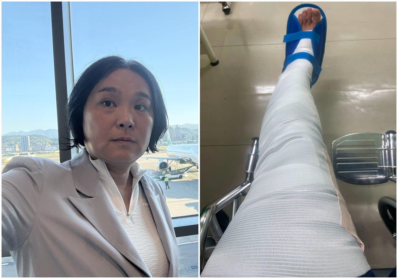 陳玉珍今突然po文,曬出自己坐在輪椅的照片,透露早上踩了一個階梯,導致無法站立,目前暫時用石膏固定小腿。(翻攝自陳玉珍臉書)