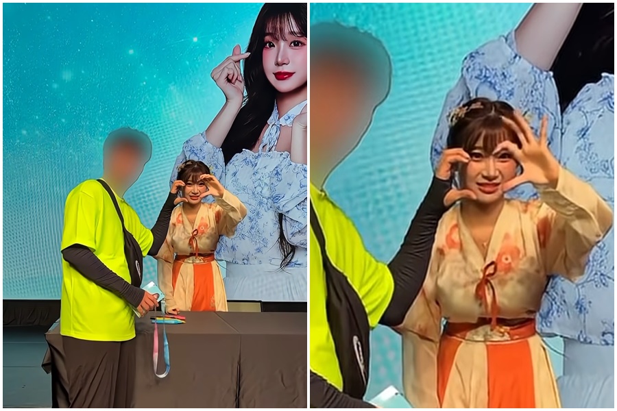 李珠珢合影粉絲面露嫌棄表情引起網友討論。(翻攝自내맘찍영 YT頻道)