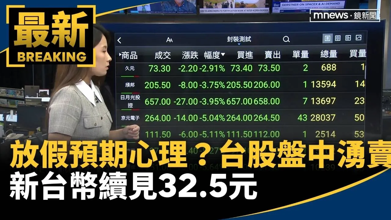 颱風假預期心理發酵？台股盤中湧賣壓　新台幣續見32.5元