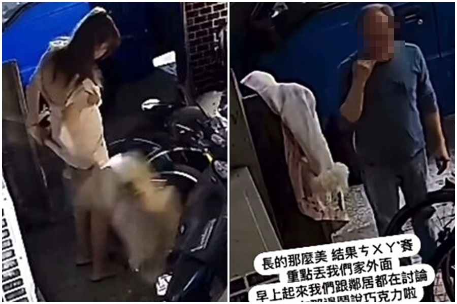 一名穿著白色洋裝的長髮女子,疑似直接原地解放,隔日鄰居阿伯伸手嚐嚐看影片,震撼大票網友。(翻攝自FB@黑色豪門企業)