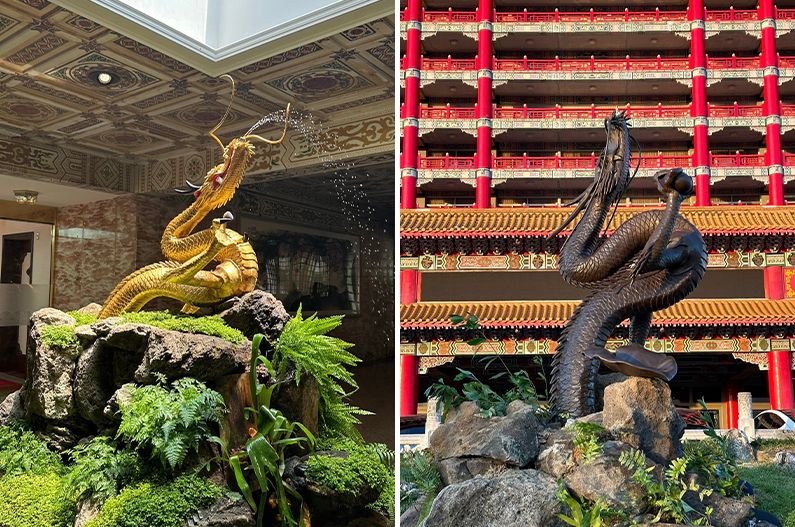 對照金龍的前世今生,除了龍身顏色不同,還有金龍仰角,105年前是90度(戶外復刻版,右),擺在金龍廳的是45度。(圓山飯店)
