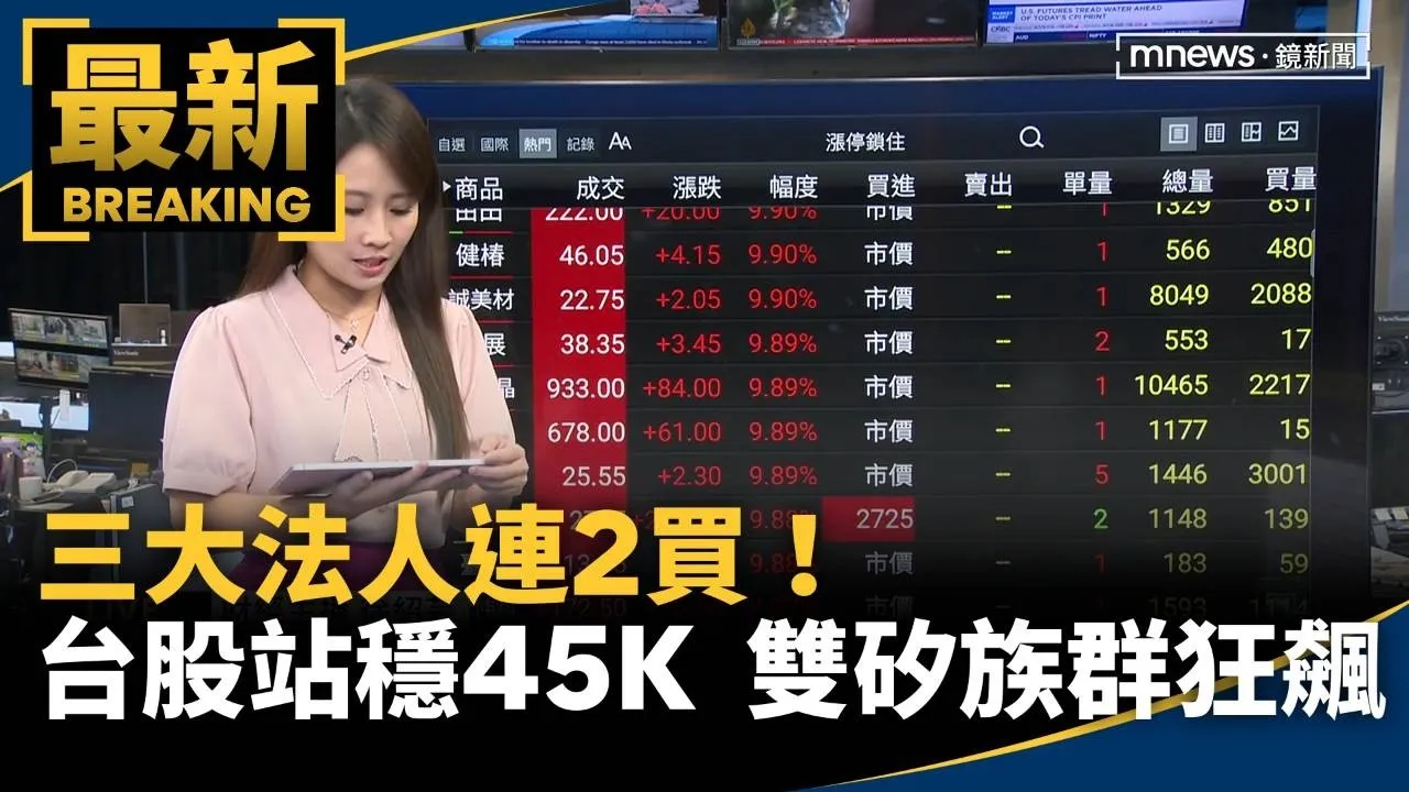 三大法人連2買！台股站穩45K　「雙矽」族群狂飆
