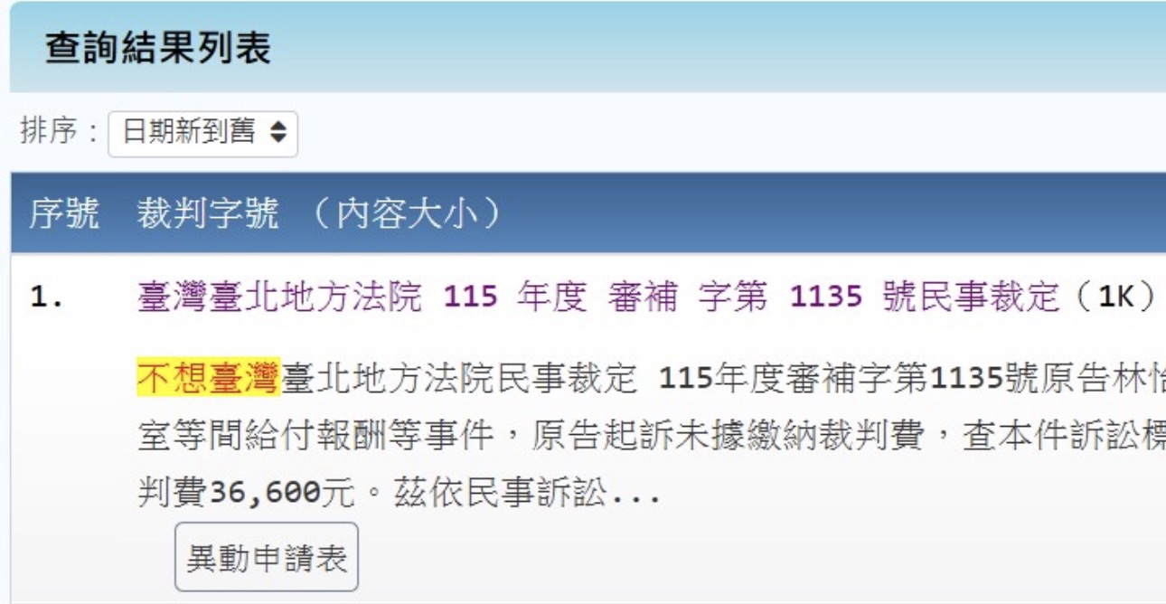 台北地院的民事裁定書多出「不想」兩字引熱議。