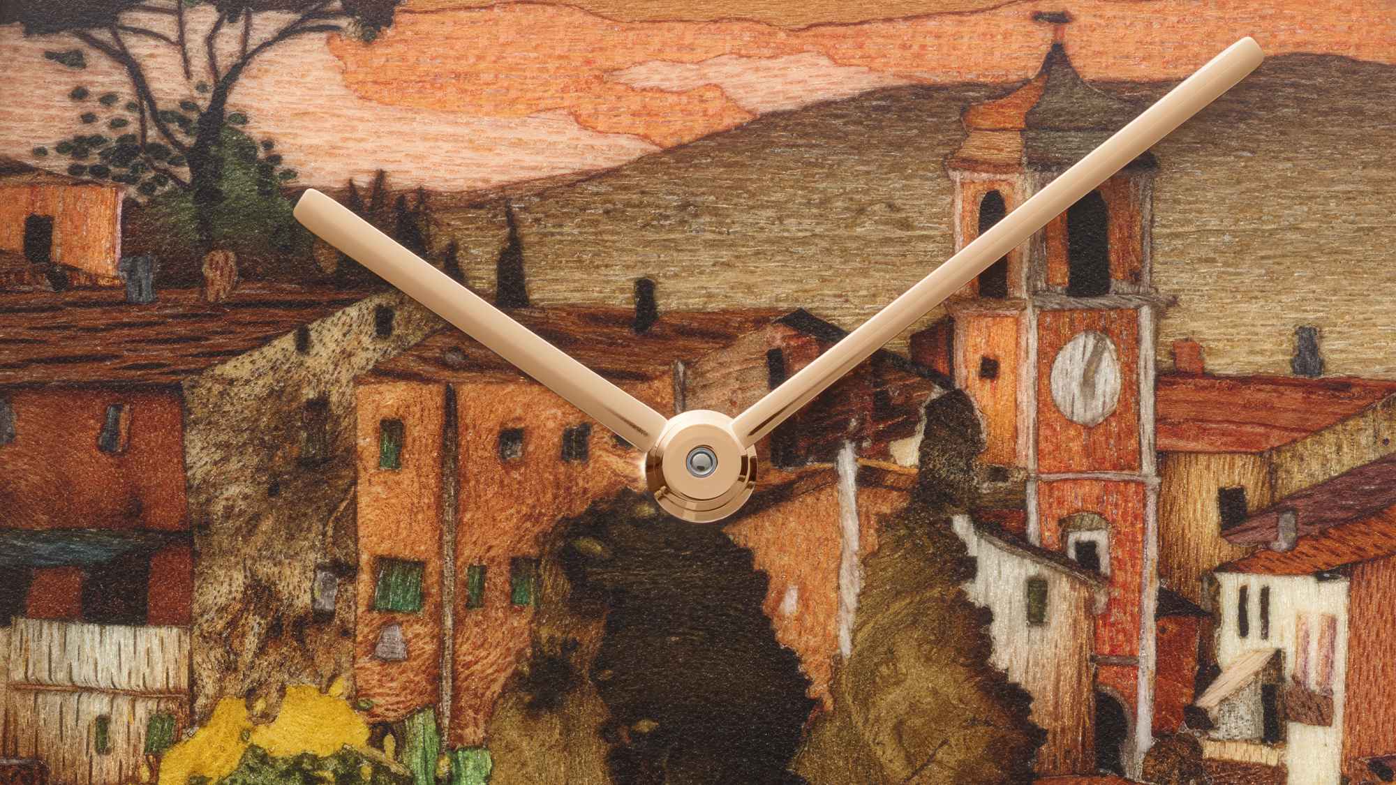 PATEK PHILIPPE
Golden Ellipse Ref. 5738/50R-017「Sunset in Tuscany」
此錶以托斯卡尼村莊夕照為主題。工藝師將 57 種不同色澤、紋理與木紋的木材,切割成 203 片細小飾板與 75 枚更微小的嵌件,再逐一拼組出村落、田野與被夕陽染紅的天空。玫瑰金 Golden Ellipse 錶殼搭載超薄 Caliber 240 自動上鍊機芯,限量 10 只。