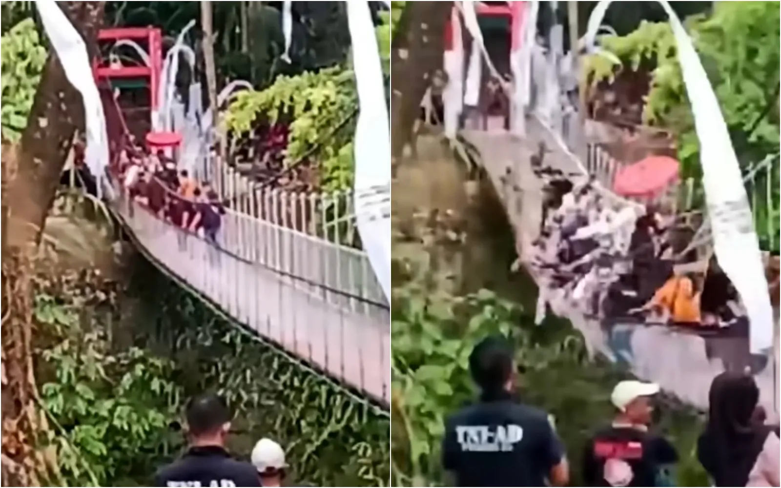 縣長帶頭走新吊橋　湧逾50人嚴重超載！橋面「瞬間塌陷」眾人慘摔