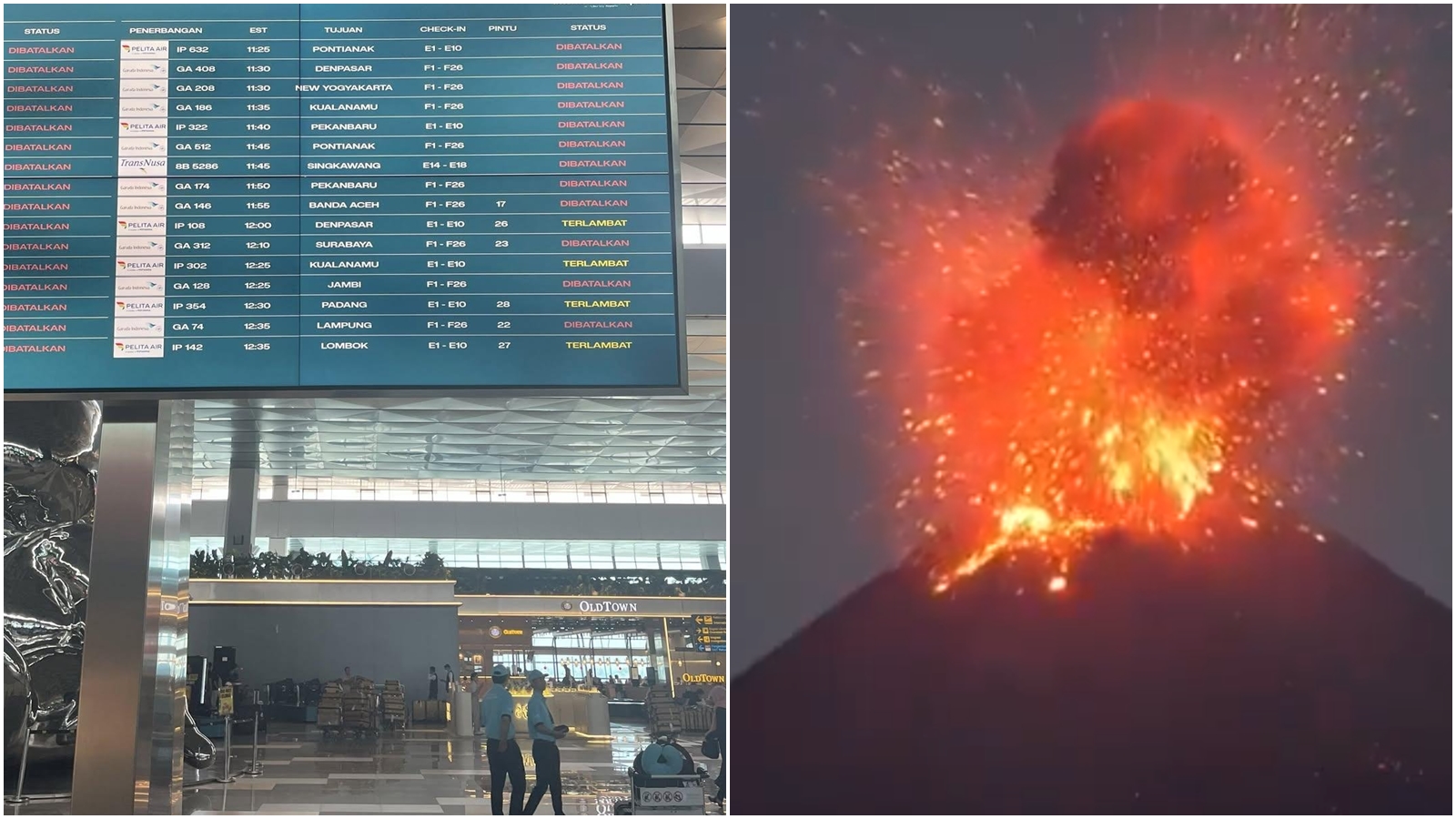 印尼喀拉喀托之子火山噴發,雅加達蘇卡諾-哈達國際機場受火山灰影響,基於飛航安全考量暫時關閉,2.2萬名旅客受到衝擊。(翻攝自X@bismillahyuk_、Xpress_24_7)