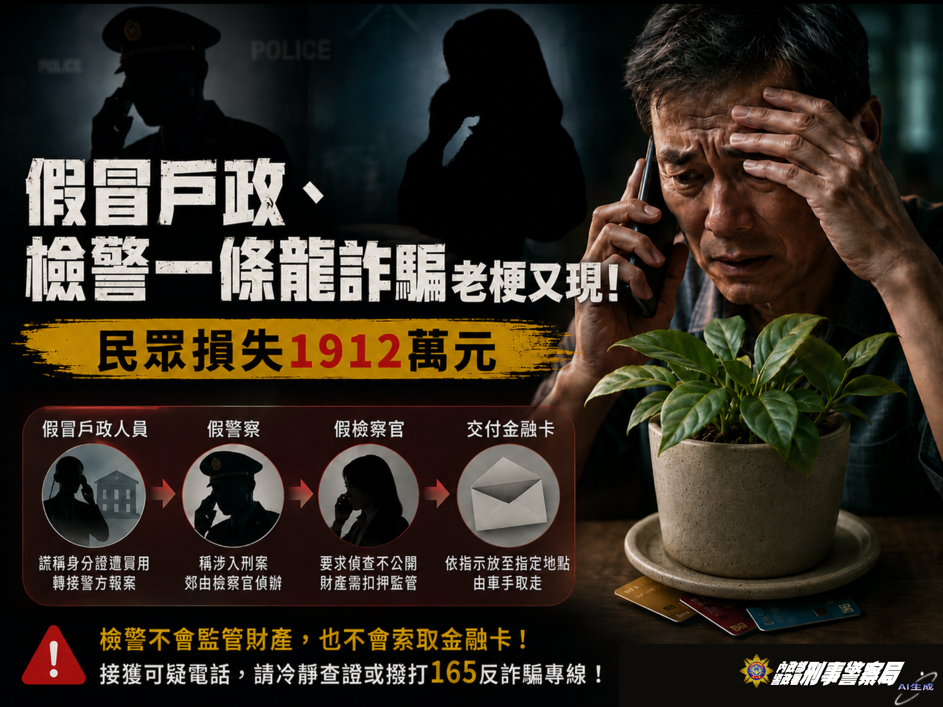 警方提醒假檢警詐騙手法再現,民眾不要受騙上當。刑事局提供