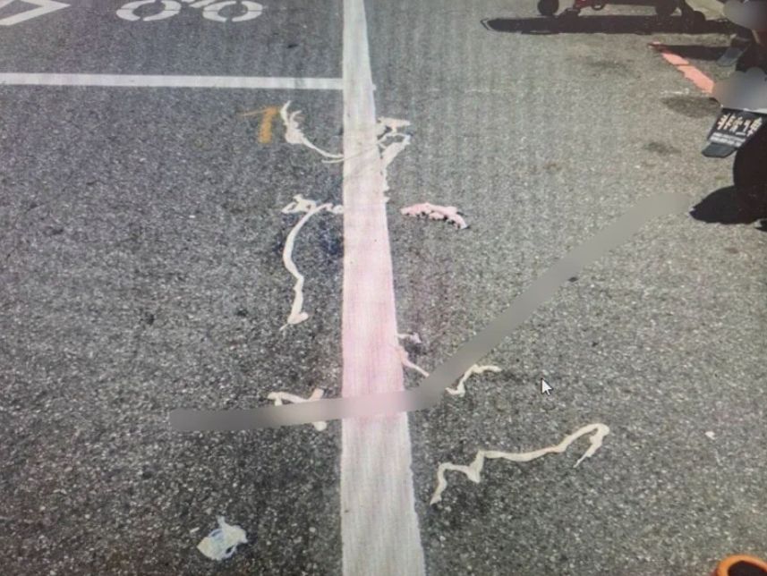 台南女騎士輾到豬腸打滑自摔。(翻攝畫面)