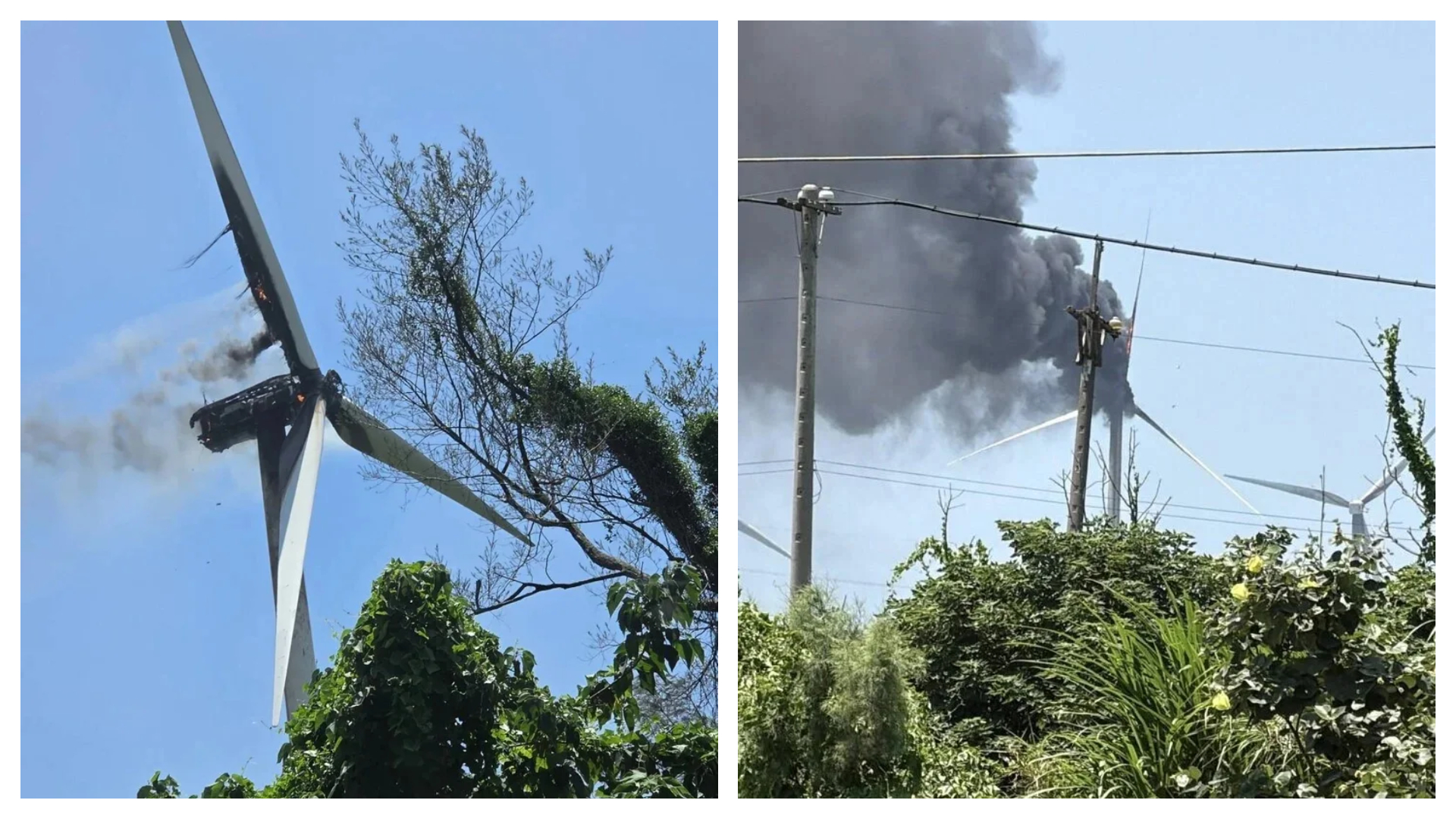 雲林縣麥寮鄉豐安路951號附近一座風力發電機機組,今日中午疑似因太熱忽然冒煙起火。(翻攝畫面)