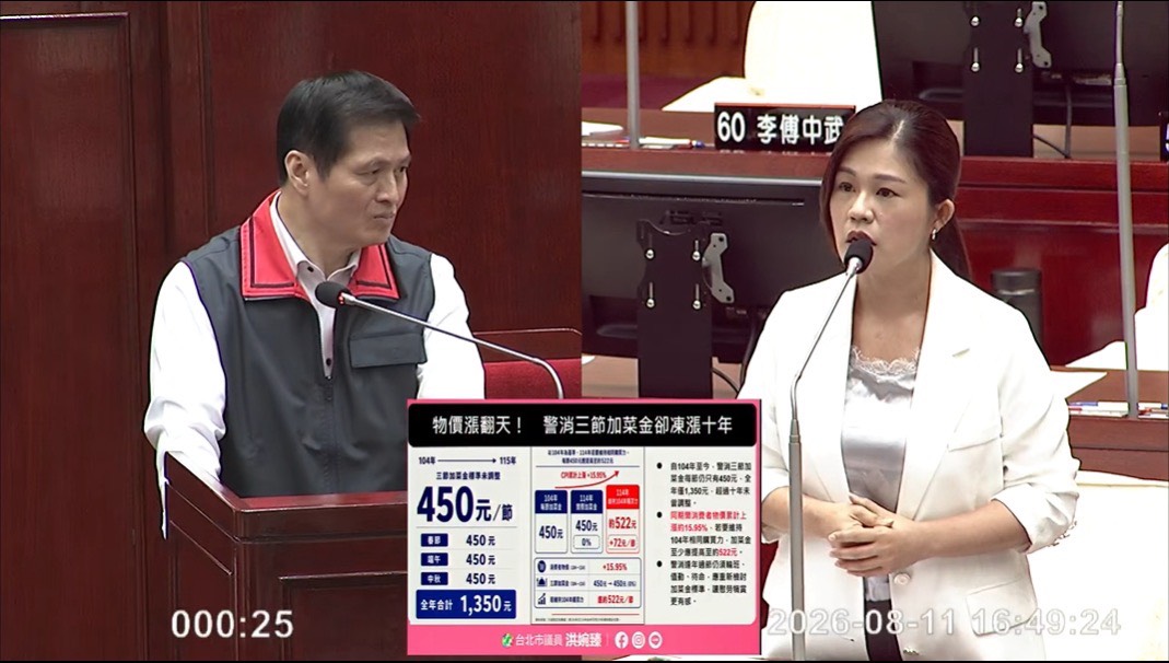 警消人力減、案件暴增,市議員洪婉臻(右)籲補齊裝備、調高加菜金,提升警消福利。
