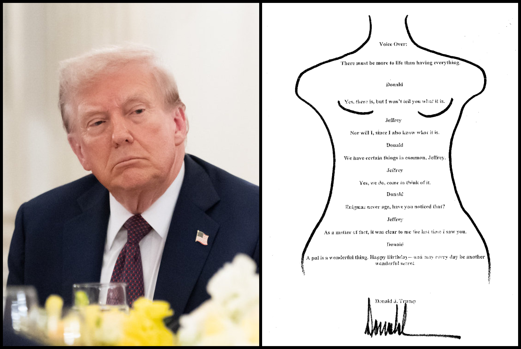 川普與被指在艾普斯坦生日冊中贈送「裸女賀卡」,下方有疑似他的簽名。(翻攝The White House Flick、X@OversightDems)