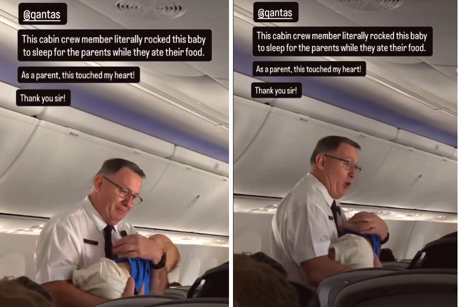 澳航男空服員在飛行途中輕搖哄睡一名幼兒,讓家長有短暫喘息的空間。(翻攝自TikTok/Jeliamndann)