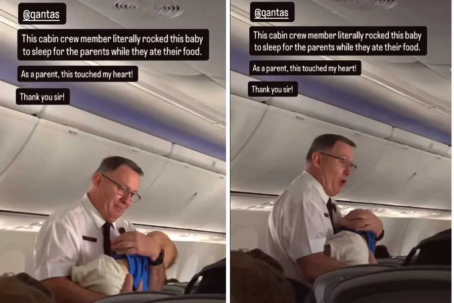 大叔的愛滿出來了　空服員在飛機走道哄幼兒睡搞搞