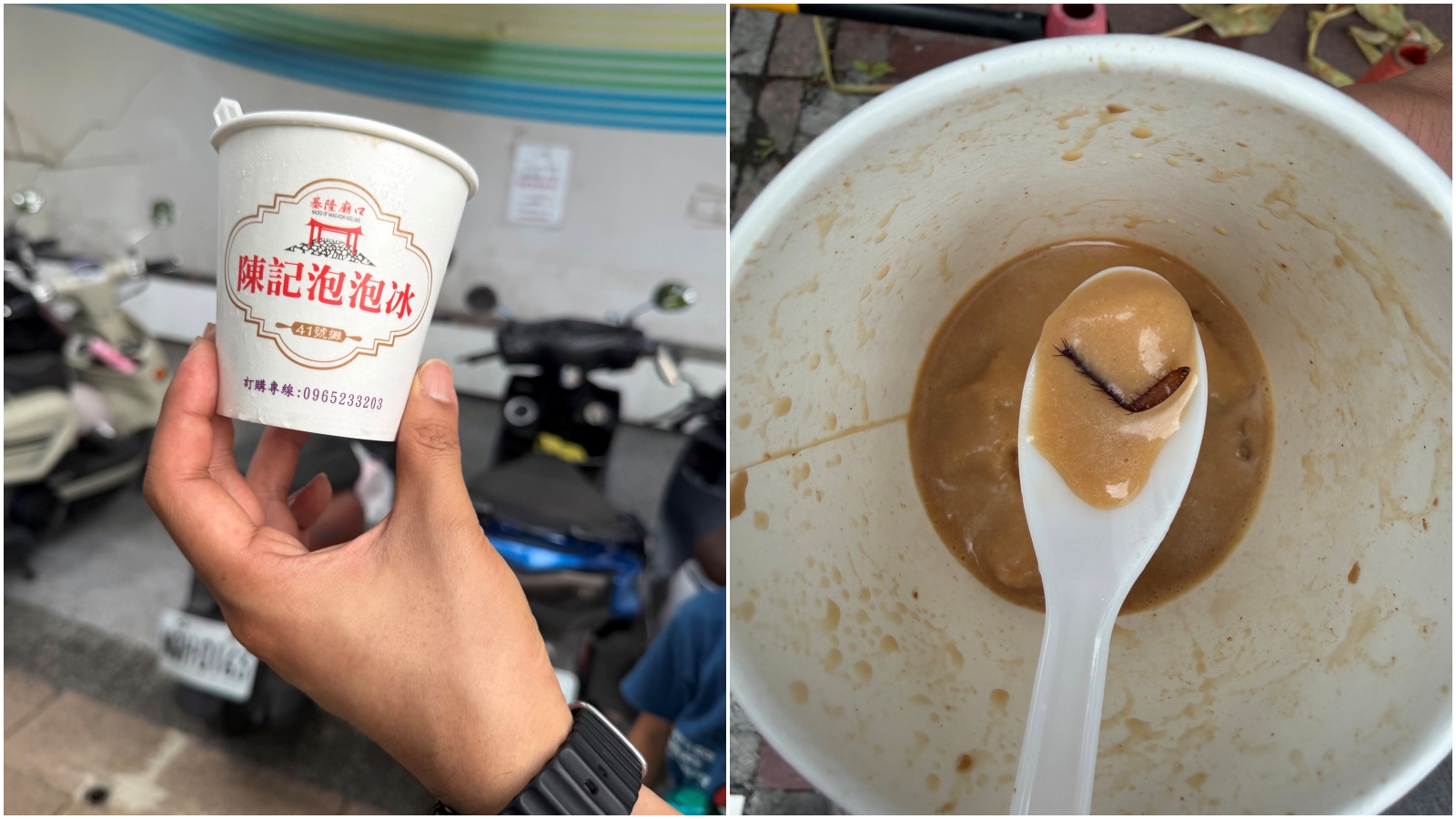 民眾吃基隆廟口名店「陳記泡泡冰」,吃到噁心的蟑螂腳。(翻攝Threads@nico_rabbit)