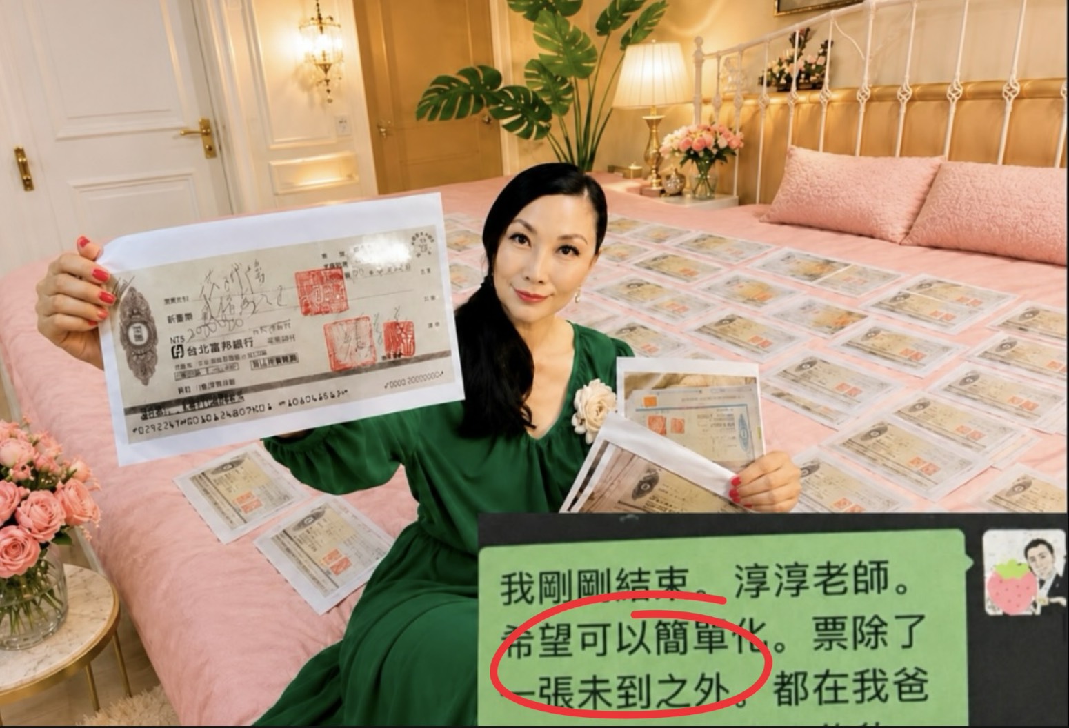 張淳淳強調,所有的支票,洪誠陽都已經拿走了,也兌現了。錢已經在他口袋,他卻說出現大量跳票沒拿到錢。張淳淳提供
