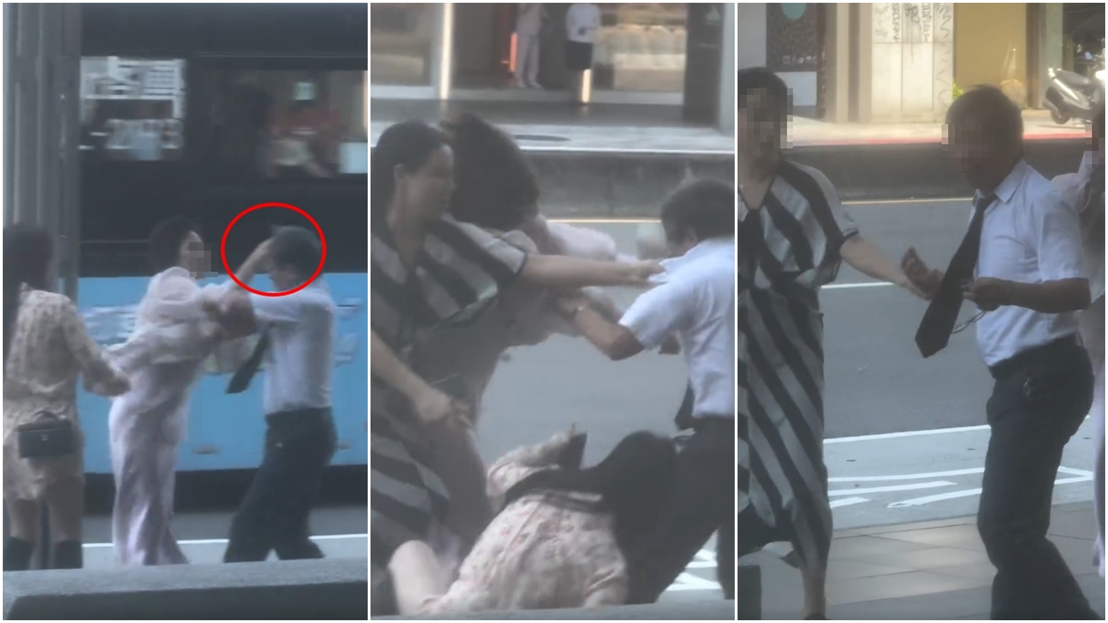 短髮女先重擊運將頭部,巴掌聲在嘈雜背景的影片中超明顯,碎花洋裝女偷雞不著蝕把米,出腳反而因重心不穩把自己摔了,至於條紋洋裝女則是一直拉住運將。(Threads@chuanweixu網友授權提供)