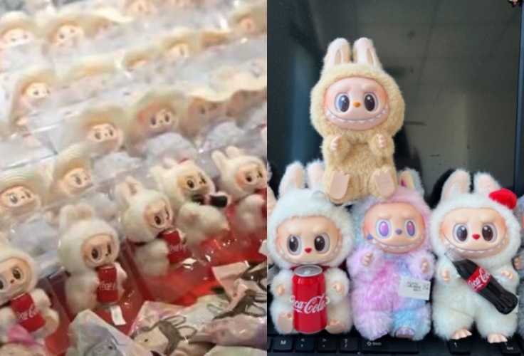 正版Labubu(右圖)毛感柔順、包裝精緻;仿品則(左圖)常見色差與縫線瑕疵。(翻攝自微博)