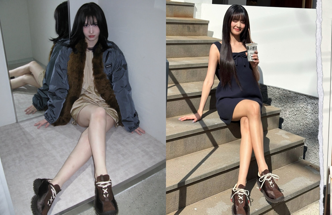 (左起)韓國女團TWICE成員Momo、i-dle成員Minnie分別演繹MIU MIU Bubble Shoes的不同穿搭方式。(MIU MIU提供)