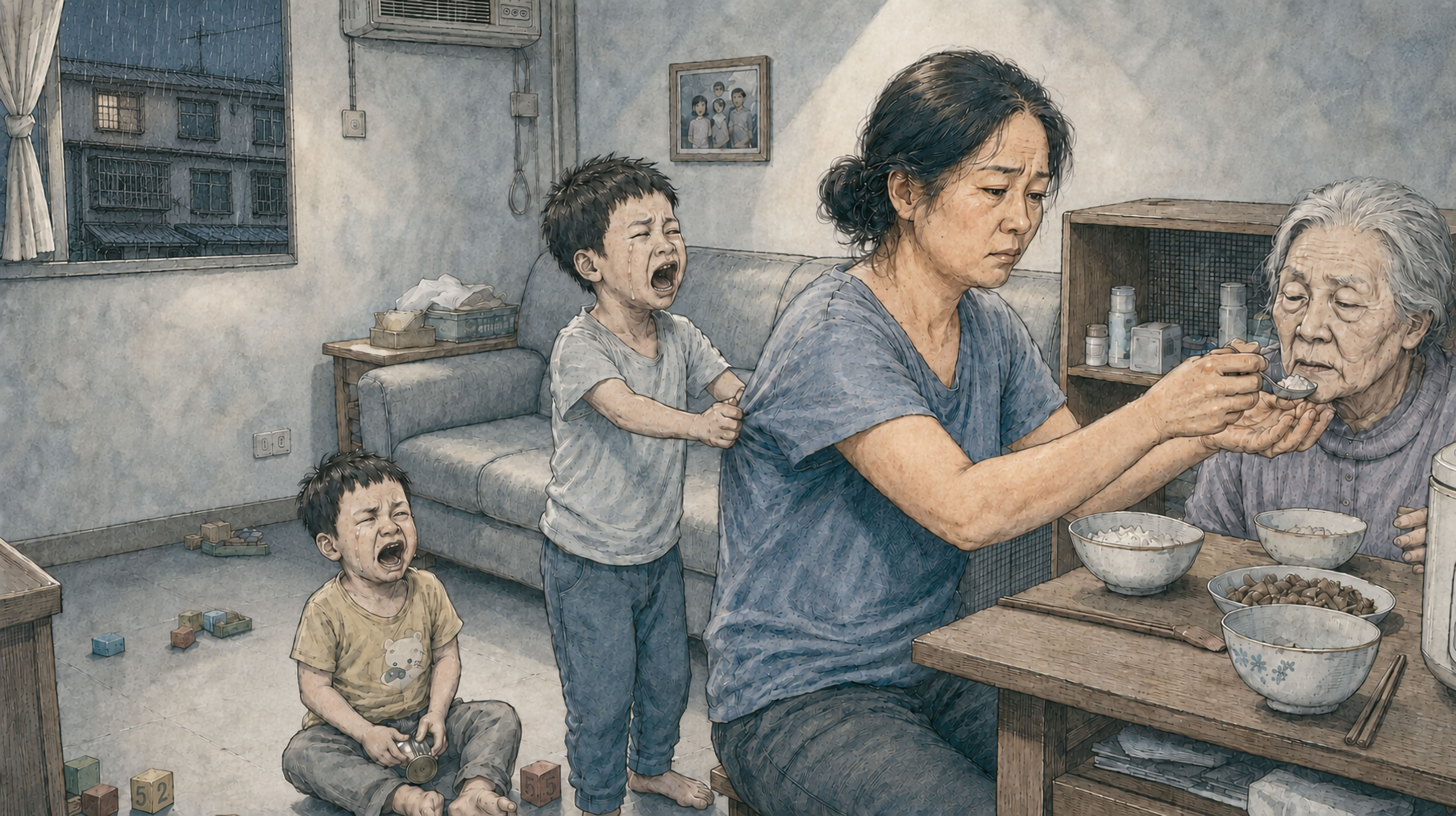婚後,阿豪負擔家計,小晴負責照顧3個小孩及失明的婆婆。(示意圖由AI軟體magnific優化,本刊美術組後製)