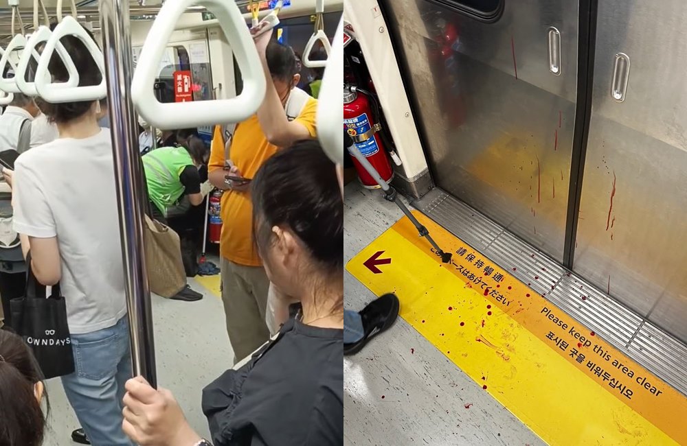 北捷23日通勤時段爆發濺血衝突,清潔人員事後到場清理。(翻攝Threads bashan88619、you.sinho)