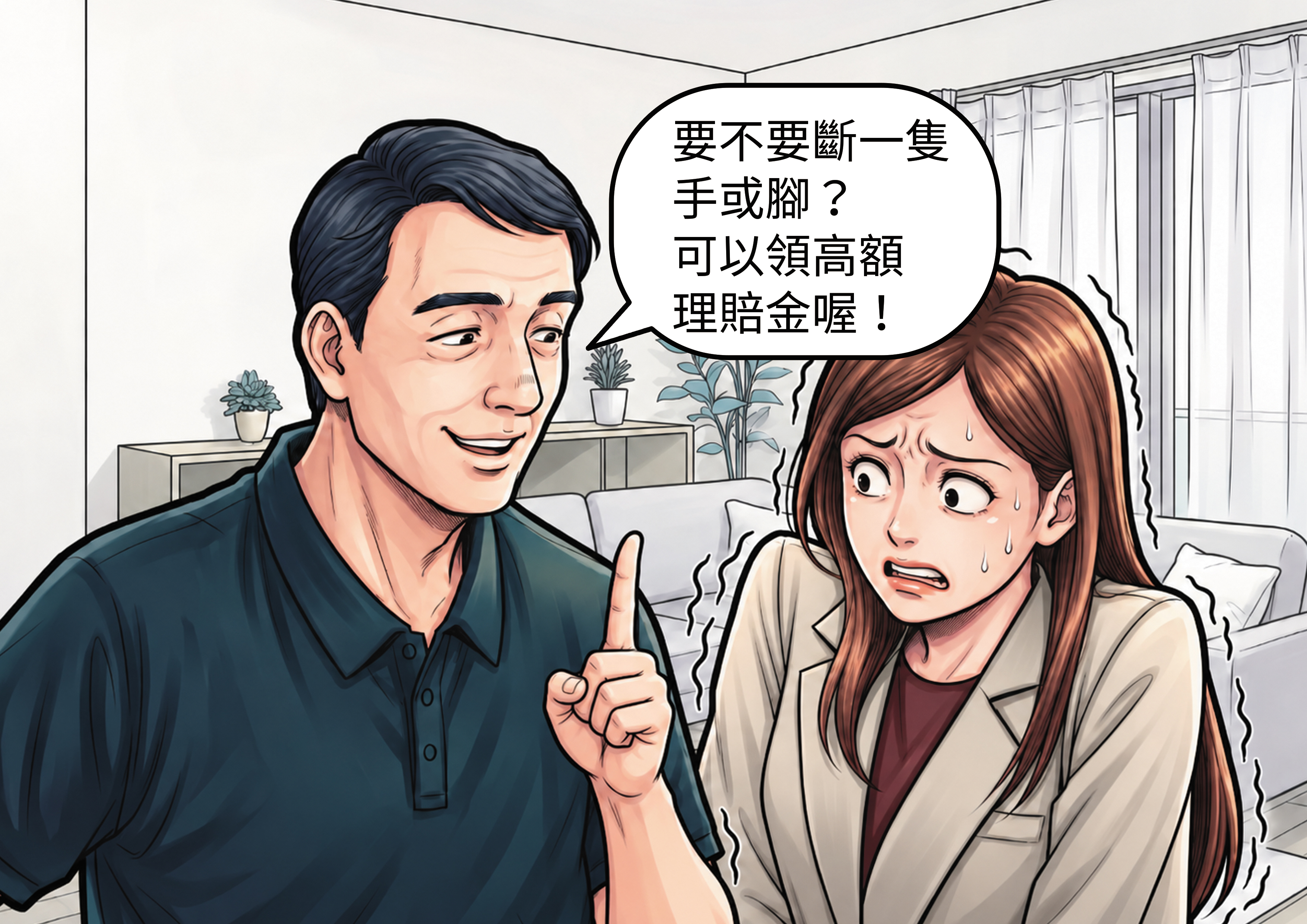 李姓丈夫(左)幫井雲蓉(右)投保後,詢問詐保意願,讓井非常害怕。(AI繪圖Adobe Firefly生成,本刊美術組後製)