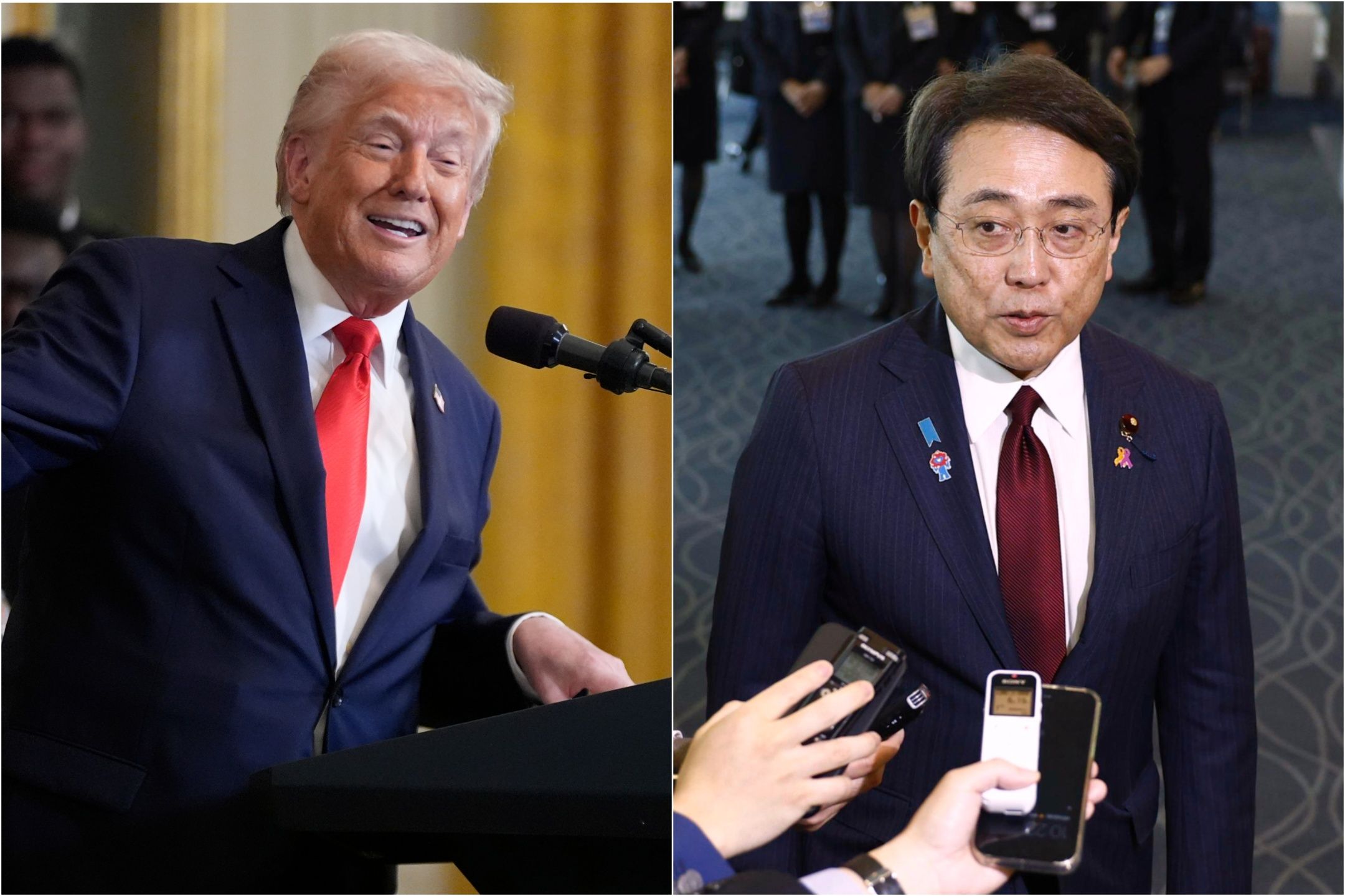 川普(左)將親自與日方代表赤澤亮正(右)談判。(AP)