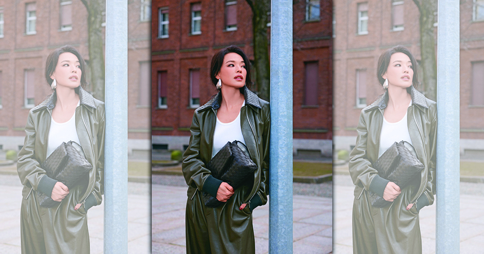 舒淇手持BOTTEGA VENETA GIORNO編織皮革抽繩斜背包,現身米蘭街頭。(BOTTEGA VENETA提供)