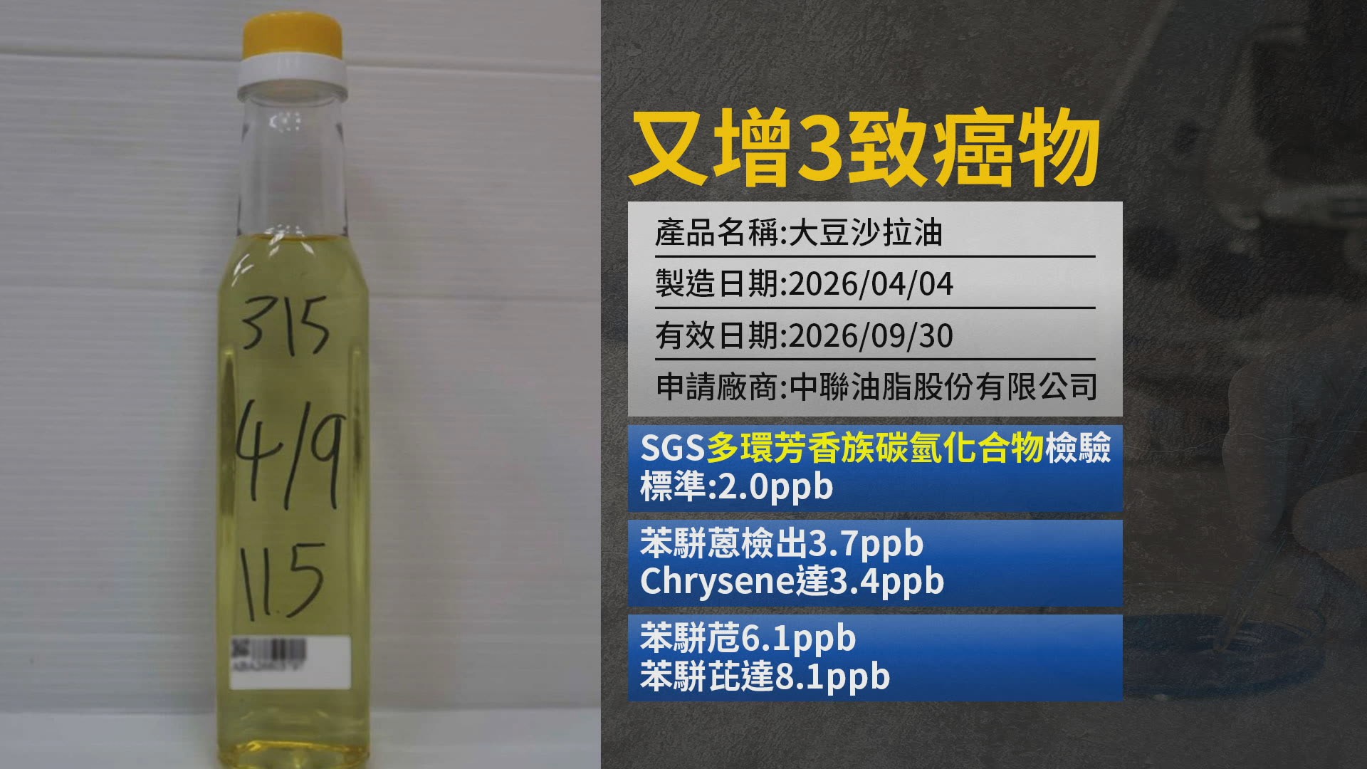 中聯大豆油檢驗報告共揪出4種致癌物。(鏡新聞製圖)