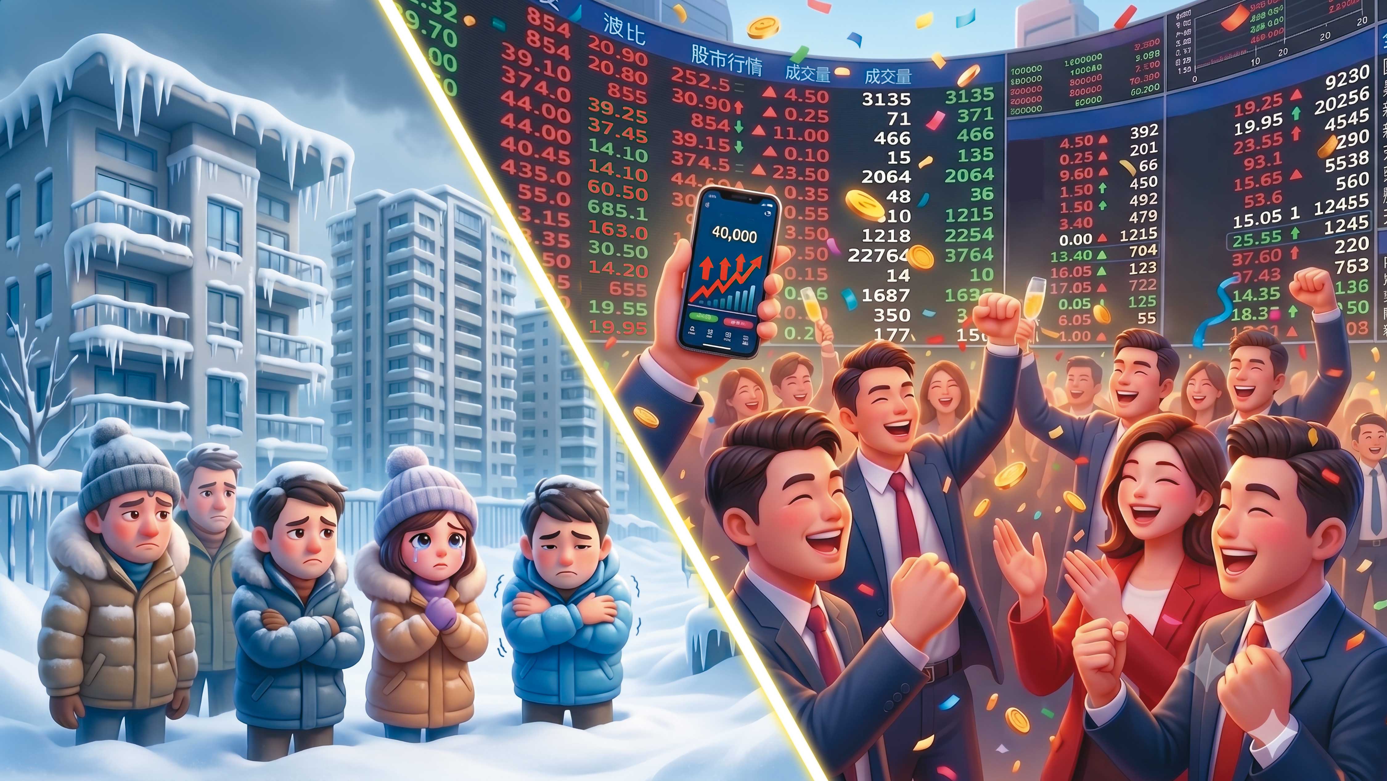台股近期強勢上攻,大量資金湧入股市,也讓原本低迷的房市面臨更大壓力。(AI繪圖magnific生成,本刊美術組後製)