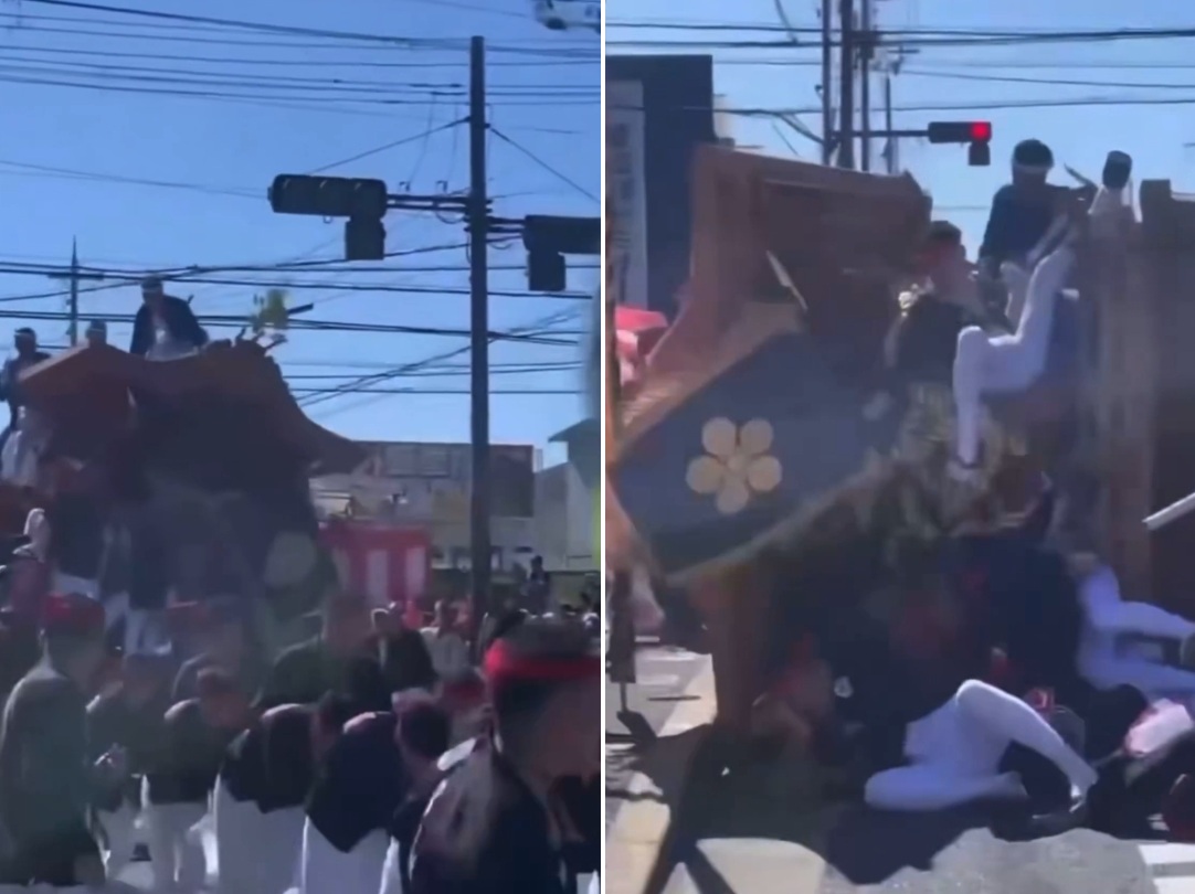 日本大阪同日接連發生2起祭典意外,皆造成一名負責平衡地車的男性傷重身亡。(翻攝自X)