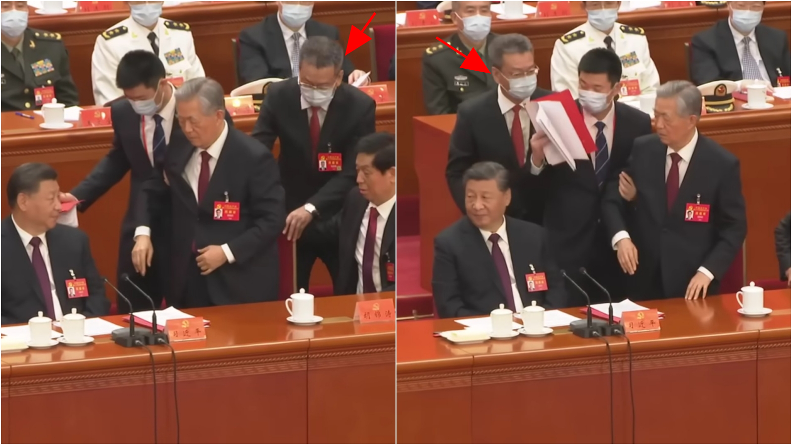 2022年中共20大閉幕會議上,胡錦濤遭架走,紅箭頭者為孔紹遜。(翻攝亞洲新聞台CNA YT)