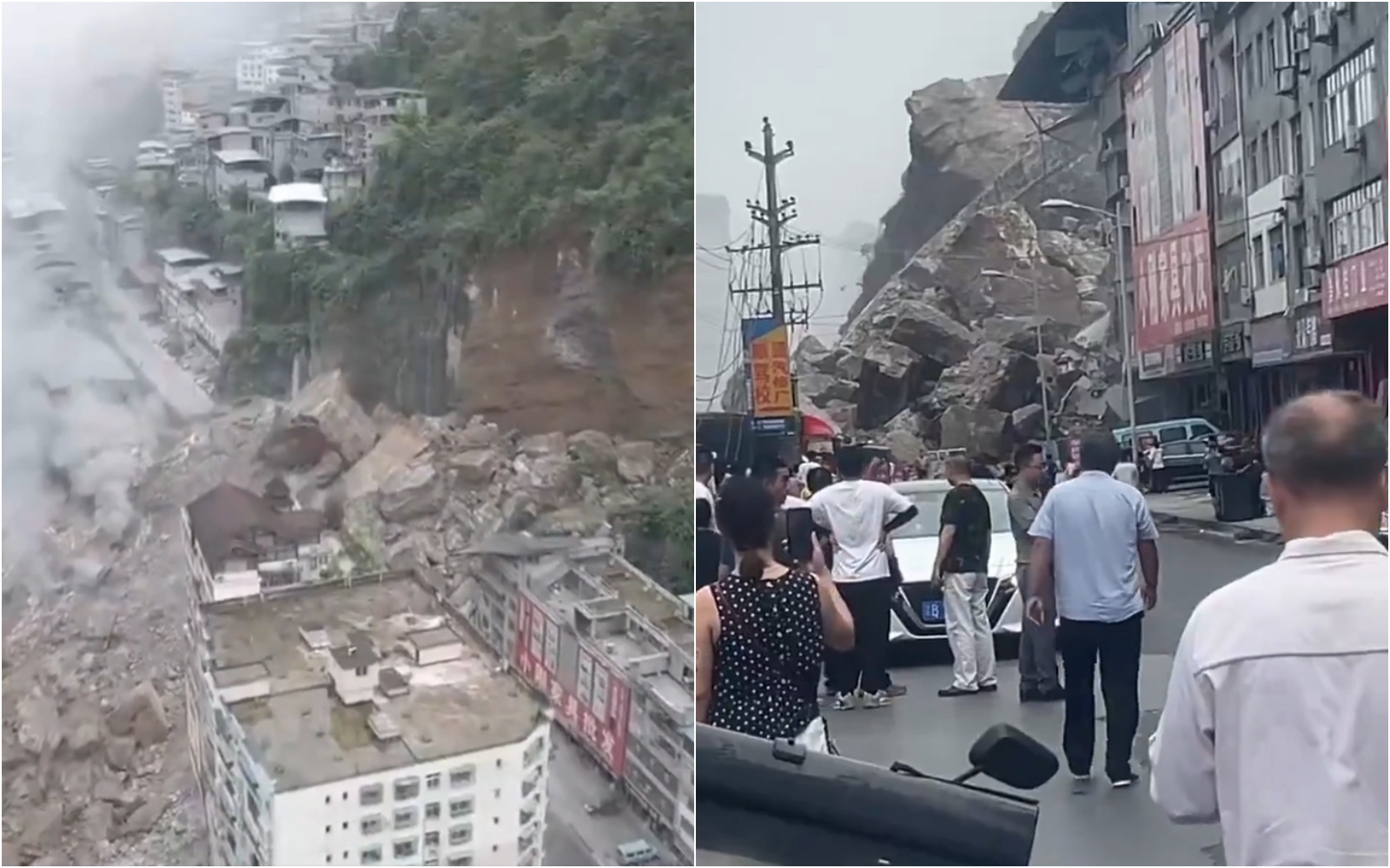 中國重慶彭水發生山崩,多棟建築物遭土石沖垮淹沒。(翻攝自X)